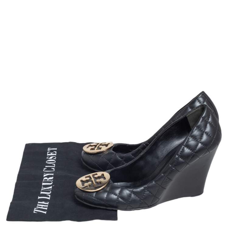 Pre Owned Tory Burch Black Quilted Leather Reva Wedge Pumps Size 38.5