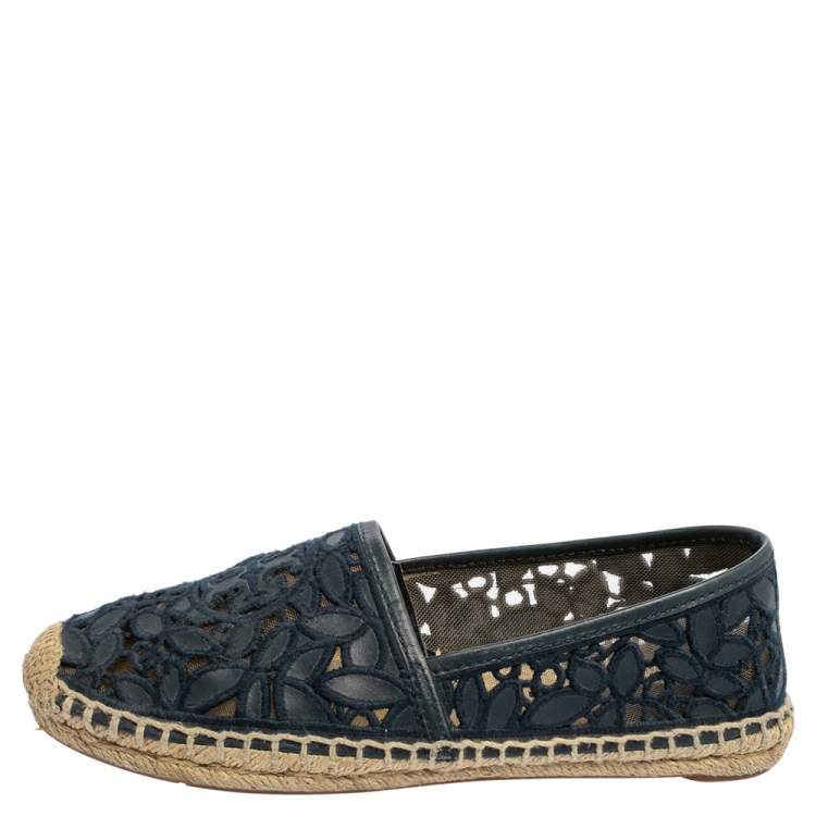 Pre Owned Tory Burch Navy Blue Lace And Leather Jackie Espadrille Flats Size 36
