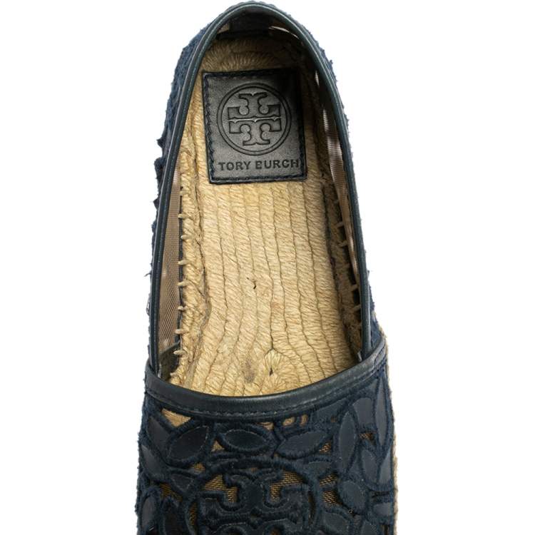 Pre Owned Tory Burch Navy Blue Lace And Leather Jackie Espadrille Flats Size 36