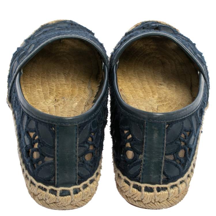 Pre Owned Tory Burch Navy Blue Lace And Leather Jackie Espadrille Flats Size 36