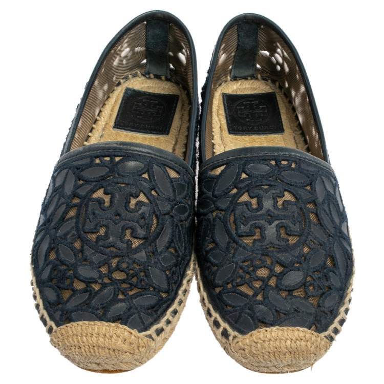 Pre Owned Tory Burch Navy Blue Lace And Leather Jackie Espadrille Flats Size 36