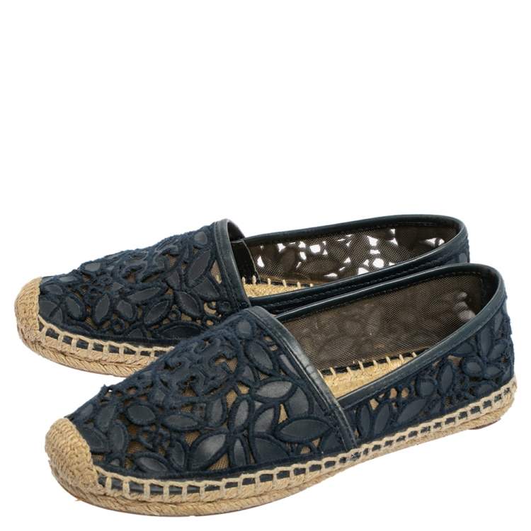 Pre Owned Tory Burch Navy Blue Lace And Leather Jackie Espadrille Flats Size 36