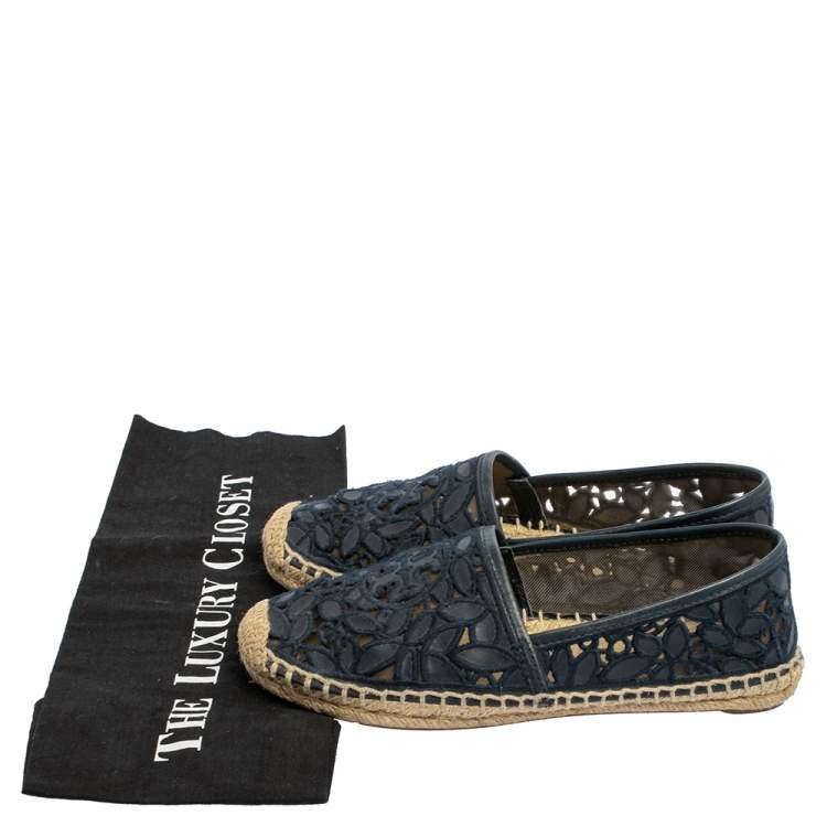 Pre Owned Tory Burch Navy Blue Lace And Leather Jackie Espadrille Flats Size 36