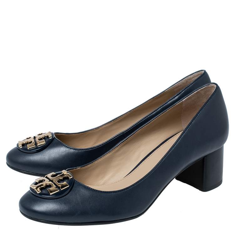 Pre Owned Tory Burch Navy Blue Leather Block Heel Pumps Size 37.5