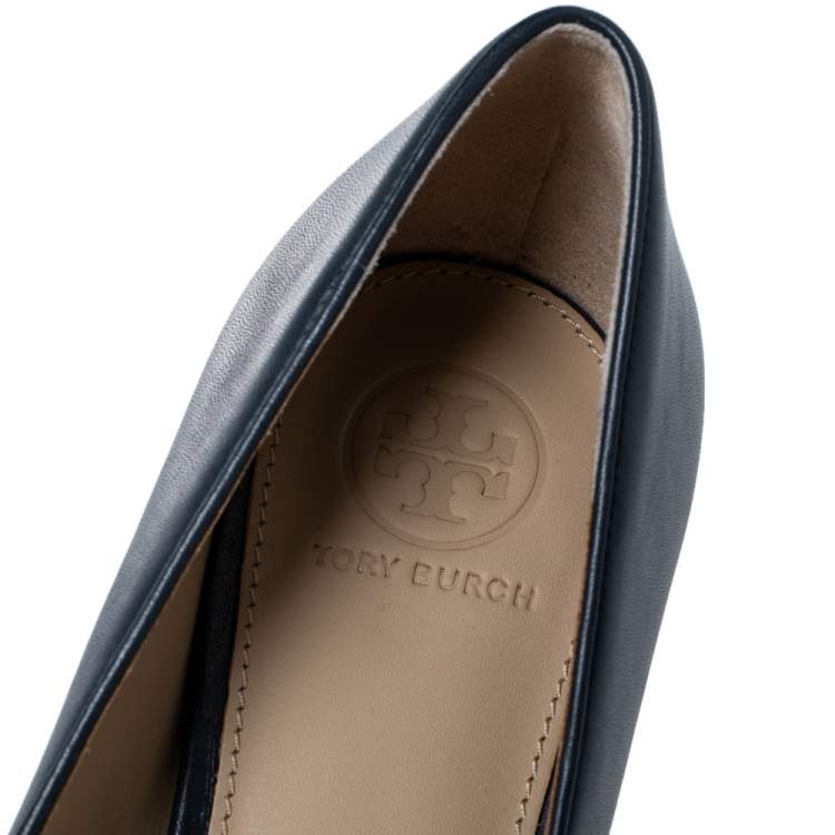 Pre Owned Tory Burch Navy Blue Leather Block Heel Pumps Size 37.5