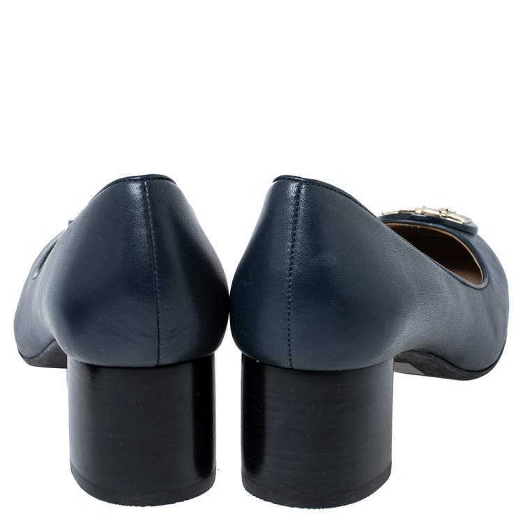 Pre Owned Tory Burch Navy Blue Leather Block Heel Pumps Size 37.5