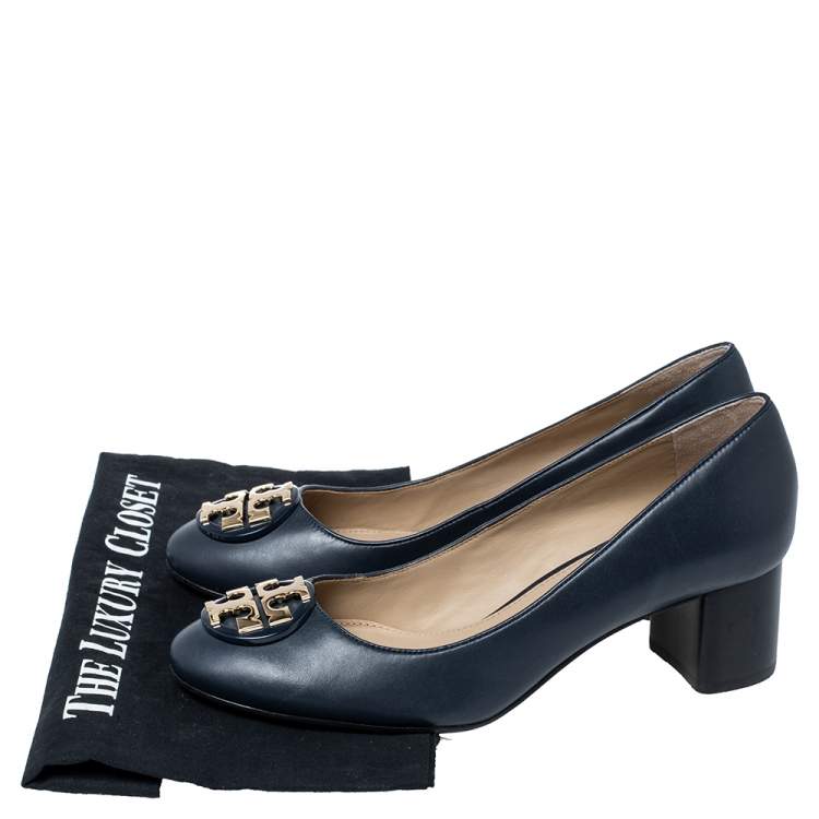 Pre Owned Tory Burch Navy Blue Leather Block Heel Pumps Size 37.5