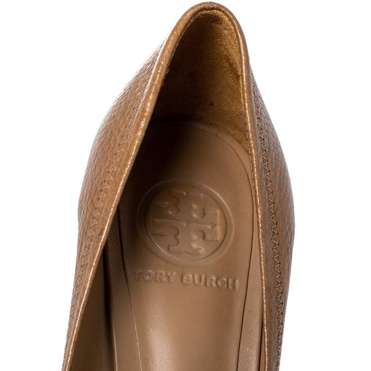 Pre Owned Tory Burch Tan Leather Sally Wedge Pumps Size 38.5