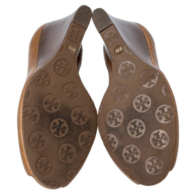 Pre Owned Tory Burch Tan Leather Sally Wedge Pumps Size 38.5