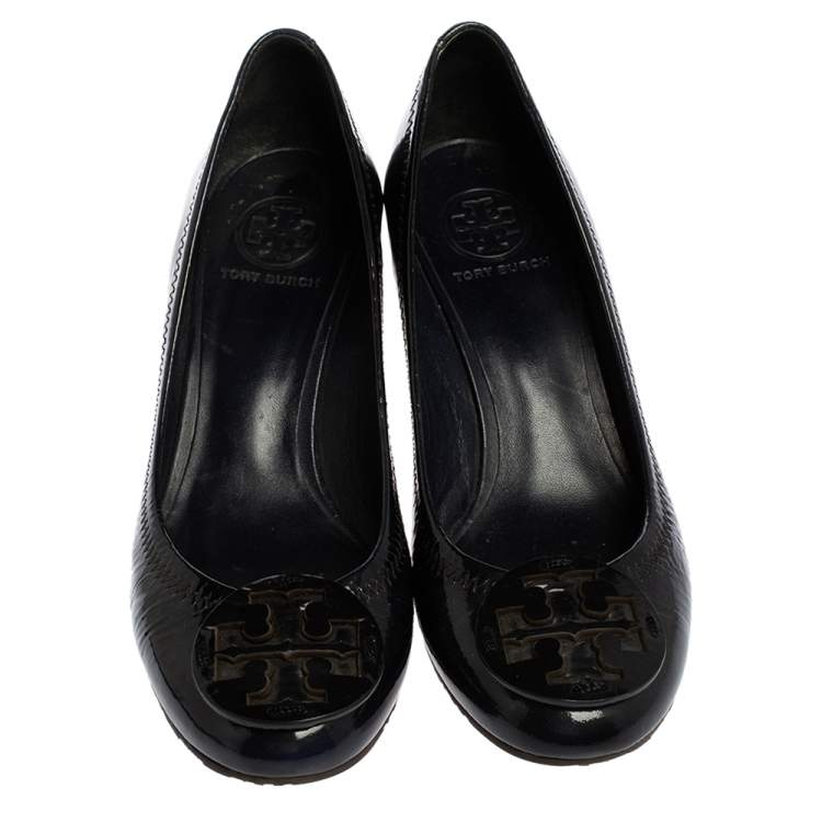 Pre Owned Tory Burch Navy Blue Patent Leather Sophie Wedge Pumps Size 38.5
