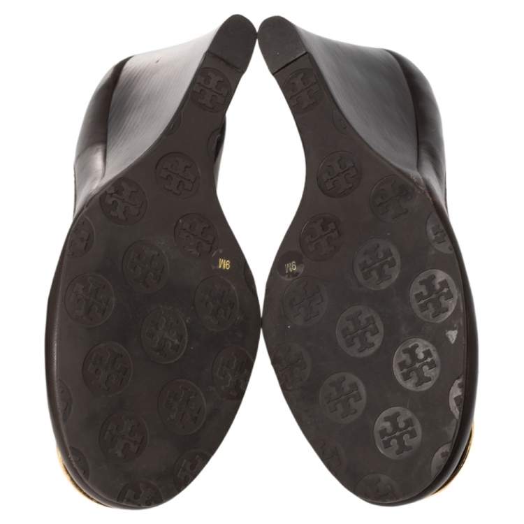 Pre Owned Tory Burch Brown Leather Sophie Wedge Pumps Size 39