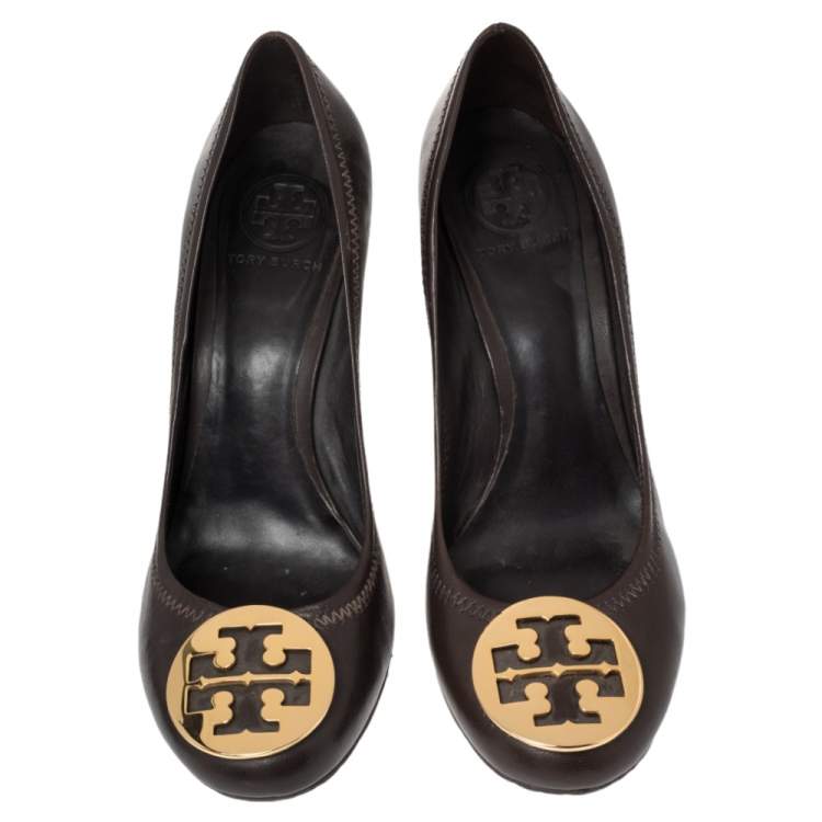Pre Owned Tory Burch Brown Leather Sophie Wedge Pumps Size 39