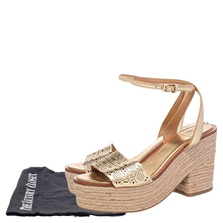 Pre Owned Tory Burch Gold Laser Cut Leather Roselle Espadrille Platform Sandals Size 38