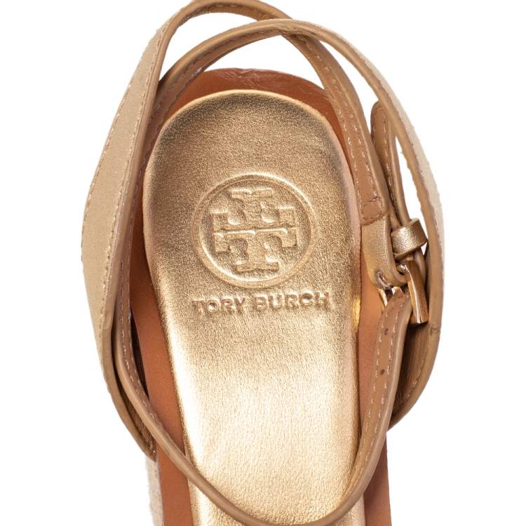 Pre Owned Tory Burch Gold Laser Cut Leather Roselle Espadrille Platform Sandals Size 38