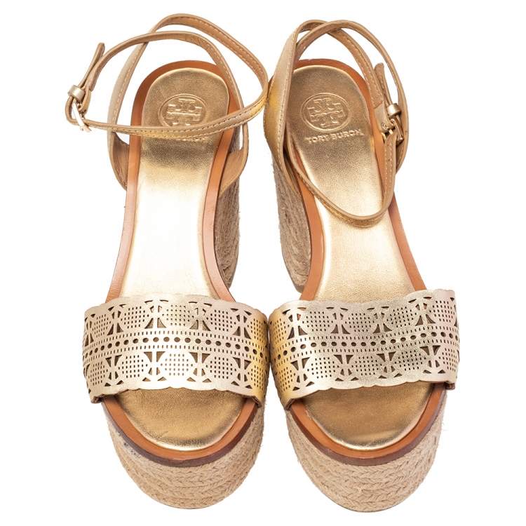 Pre Owned Tory Burch Gold Laser Cut Leather Roselle Espadrille Platform Sandals Size 38