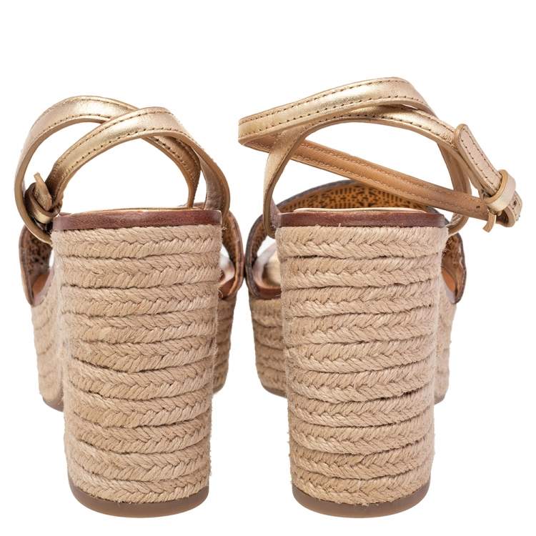Pre Owned Tory Burch Gold Laser Cut Leather Roselle Espadrille Platform Sandals Size 38