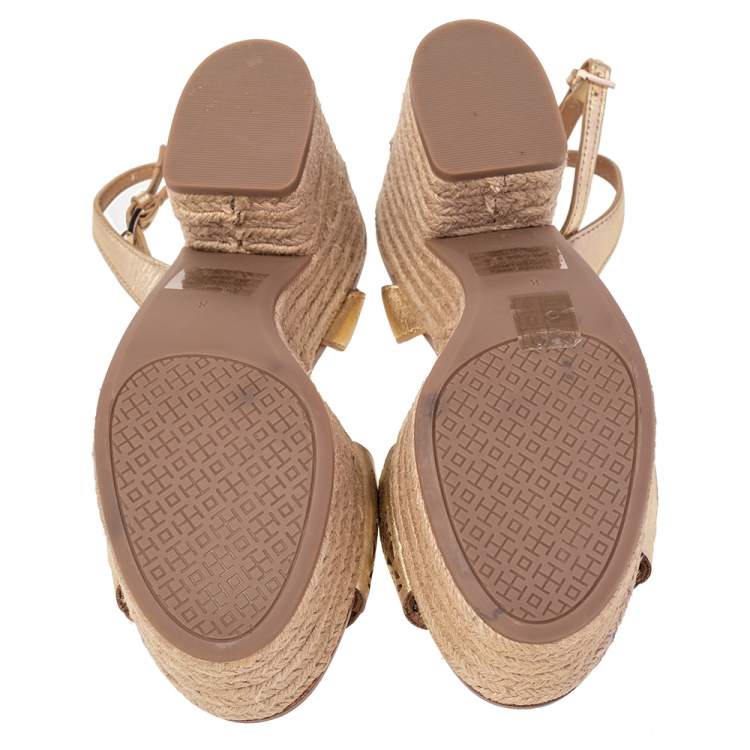 Pre Owned Tory Burch Gold Laser Cut Leather Roselle Espadrille Platform Sandals Size 38