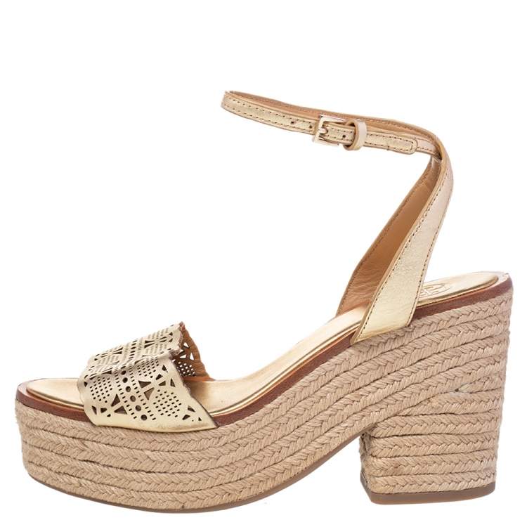 Pre Owned Tory Burch Gold Laser Cut Leather Roselle Espadrille Platform Sandals Size 38