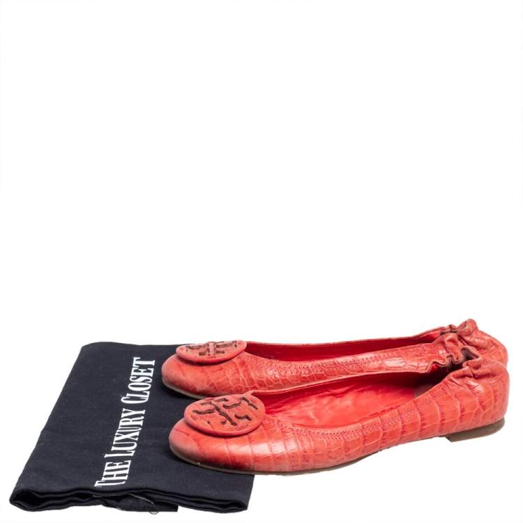 Pre Owned Tory Burch Orange Croc Embossed Leather Minnie Travel Ballet Flats Size 36
