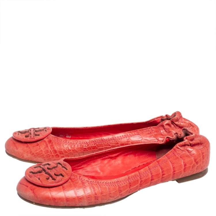 Pre Owned Tory Burch Orange Croc Embossed Leather Minnie Travel Ballet Flats Size 36
