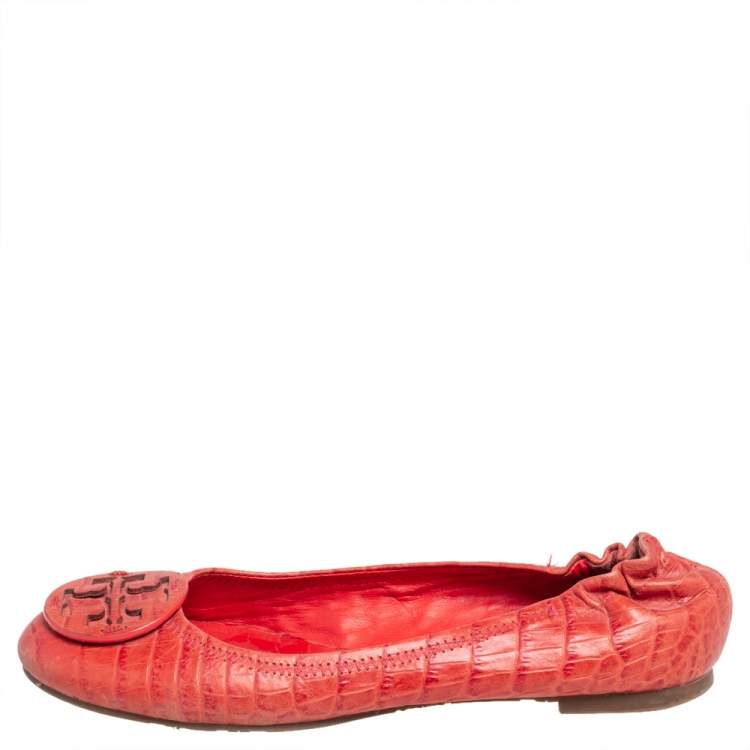 Pre Owned Tory Burch Orange Croc Embossed Leather Minnie Travel Ballet Flats Size 36