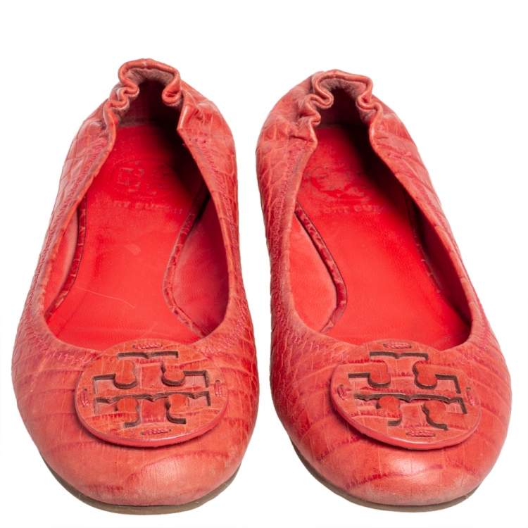 Pre Owned Tory Burch Orange Croc Embossed Leather Minnie Travel Ballet Flats Size 36