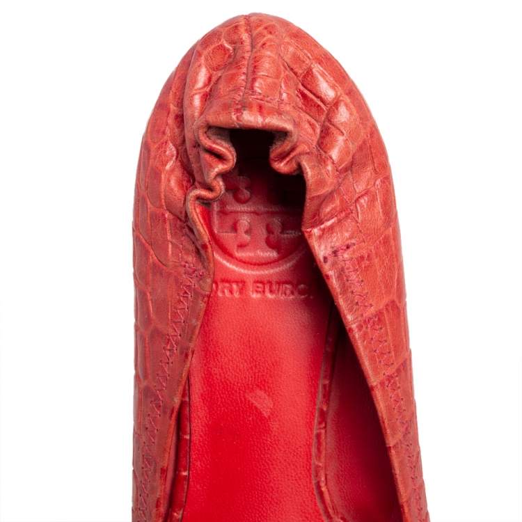 Pre Owned Tory Burch Orange Croc Embossed Leather Minnie Travel Ballet Flats Size 36