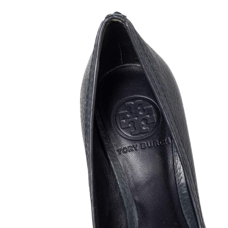 Pre Owned Tory Burch Green Leather Amanda Peep Toe Wedge Pumps Size 36