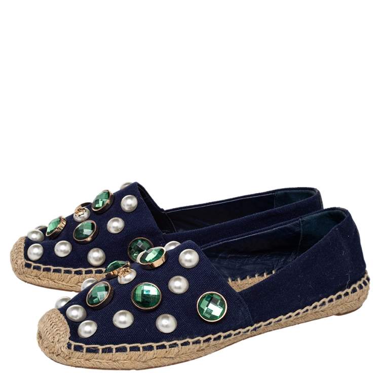 Pre Owned Tory Burch Navy Blue Canvas Vail Crystal Embellished Espadrille Flats Size 38