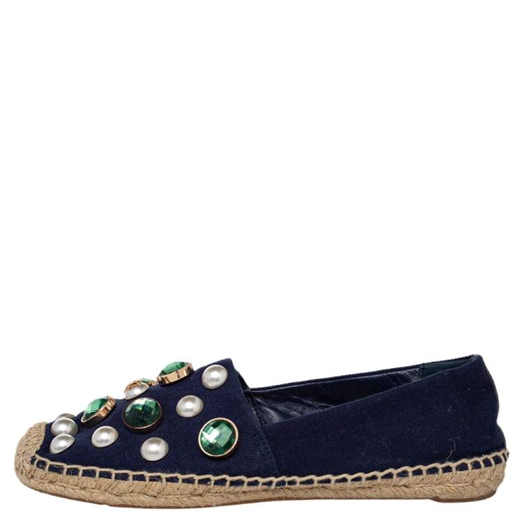 Pre Owned Tory Burch Navy Blue Canvas Vail Crystal Embellished Espadrille Flats Size 38
