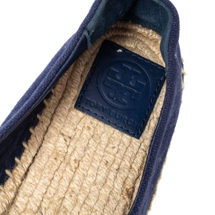 Pre Owned Tory Burch Navy Blue Canvas Vail Crystal Embellished Espadrille Flats Size 38
