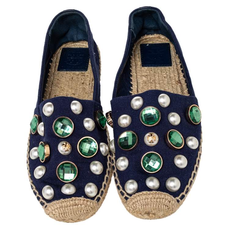 Pre Owned Tory Burch Navy Blue Canvas Vail Crystal Embellished Espadrille Flats Size 38