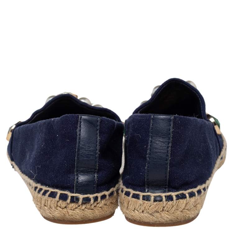 Pre Owned Tory Burch Navy Blue Canvas Vail Crystal Embellished Espadrille Flats Size 38