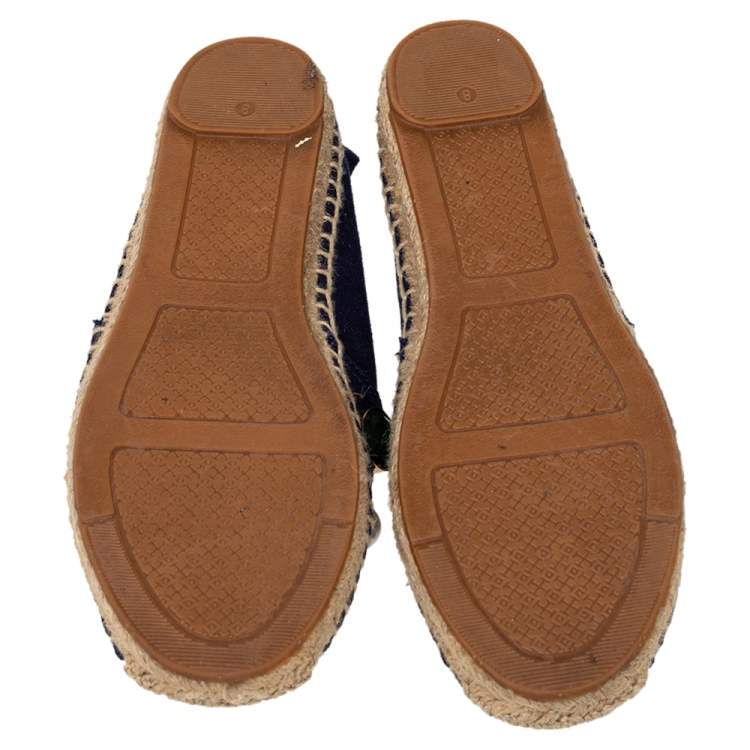 Pre Owned Tory Burch Navy Blue Canvas Vail Crystal Embellished Espadrille Flats Size 38