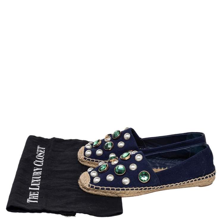 Pre Owned Tory Burch Navy Blue Canvas Vail Crystal Embellished Espadrille Flats Size 38