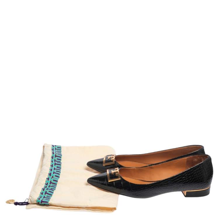 Pre Owned Tory Burch Black Croc Embossed Leather Pointed Toe Flats Size 38.5