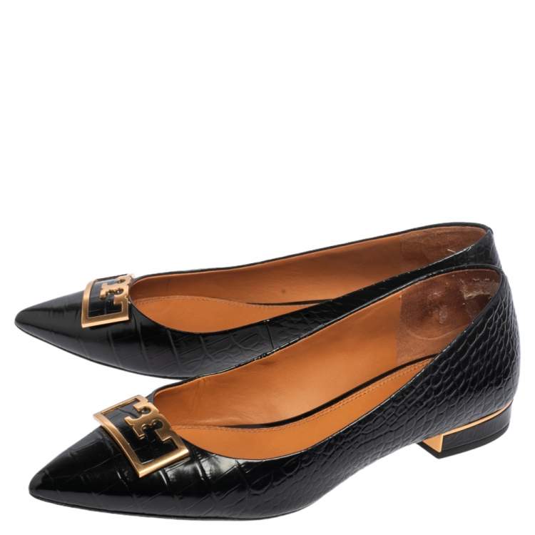 Pre Owned Tory Burch Black Croc Embossed Leather Pointed Toe Flats Size 38.5