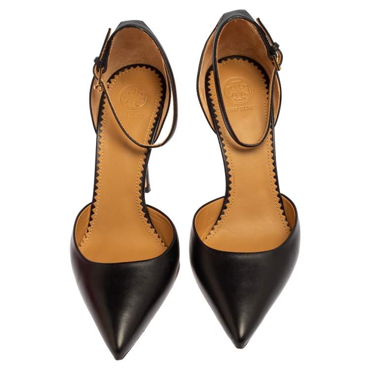 Pre Owned Tory Burch Black Leather Penelope Pointed Toe Ankle Strap Sandals Size 37.5