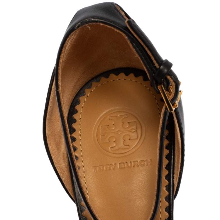 Pre Owned Tory Burch Black Leather Penelope Pointed Toe Ankle Strap Sandals Size 37.5