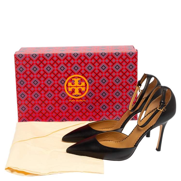 Pre Owned Tory Burch Black Leather Penelope Pointed Toe Ankle Strap Sandals Size 37.5