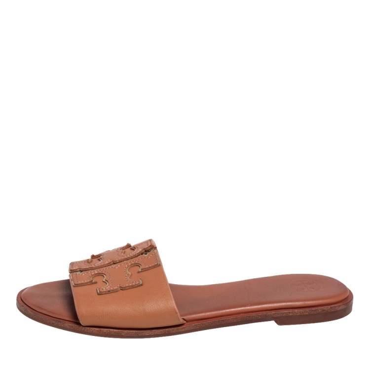 Pre Owned Tory Burch Brown Leather Slide Everly Sandals Size 36