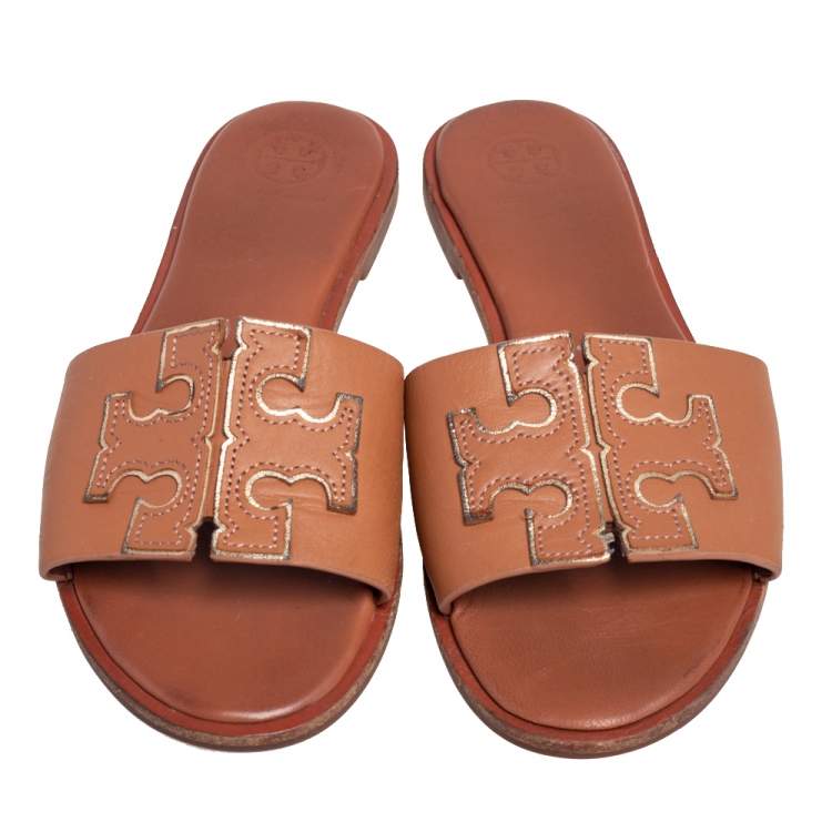 Pre Owned Tory Burch Brown Leather Slide Everly Sandals Size 36