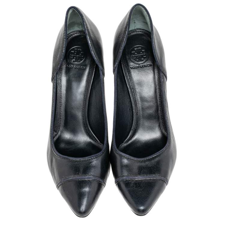 Pre Owned Tory Burch Black Leather Pointed Toe Pumps  Size 39