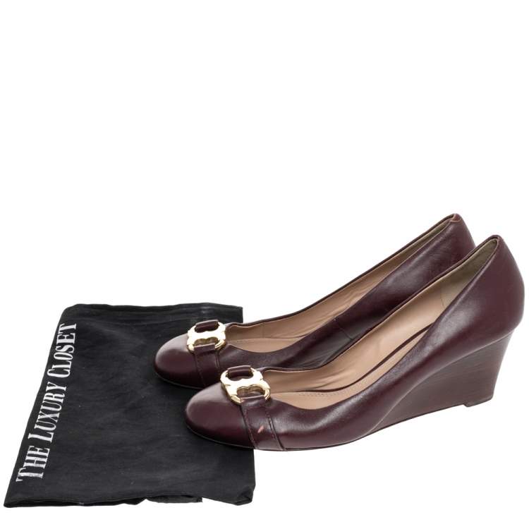 Pre Owned Tory Burch Burgundy Leather Wedge Pumps Size 41