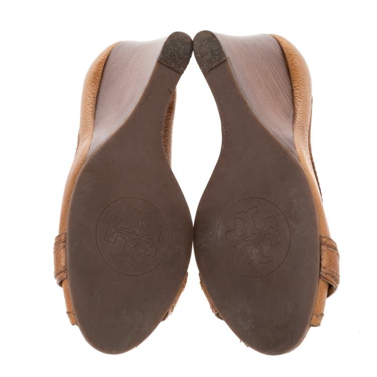 Pre Owned Tory Burch Brown Leather Peep Toe Wedge Pumps Size 37.5 