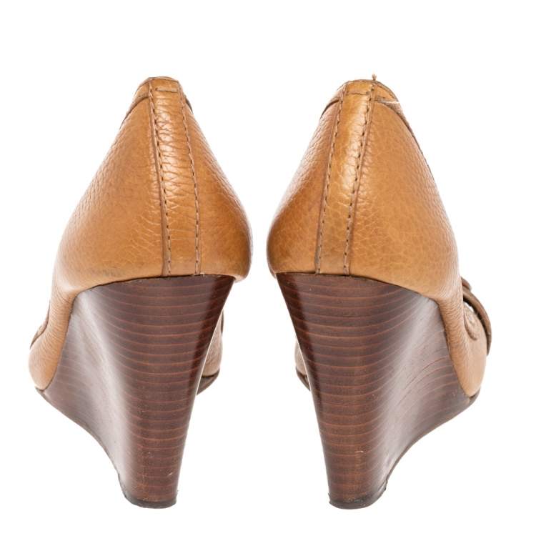 Pre Owned Tory Burch Brown Leather Peep Toe Wedge Pumps Size 37.5 