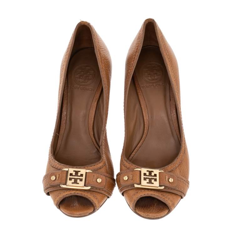 Pre Owned Tory Burch Brown Leather Peep Toe Wedge Pumps Size 37.5 