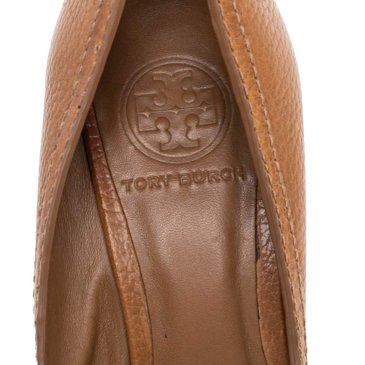 Pre Owned Tory Burch Brown Leather Peep Toe Wedge Pumps Size 37.5 