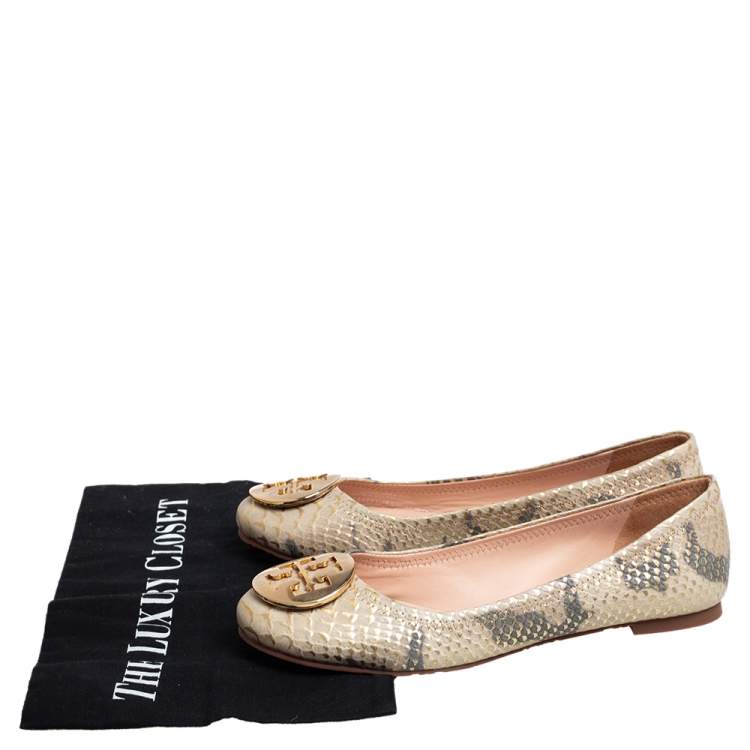 Pre Owned Tory Burch Gold/Beige Python Embossed Leather Reva Ballet Flats Size 36.5