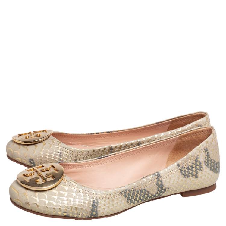 Pre Owned Tory Burch Gold/Beige Python Embossed Leather Reva Ballet Flats Size 36.5